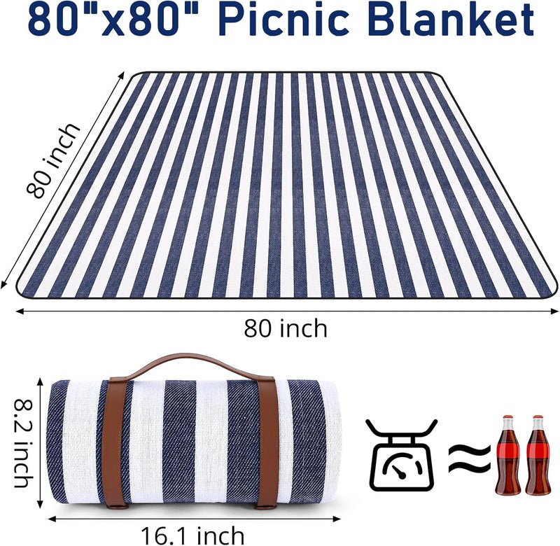 Timirock Striped Picnic Blankets 80” x 80” Extra Large Waterproof and Foldable Beach Blanket, Oversized Blue and White Outdoor Blanket for Camping, Travel, Park, Grass, Patio (Blue & White, 80" x 80") - Image 3